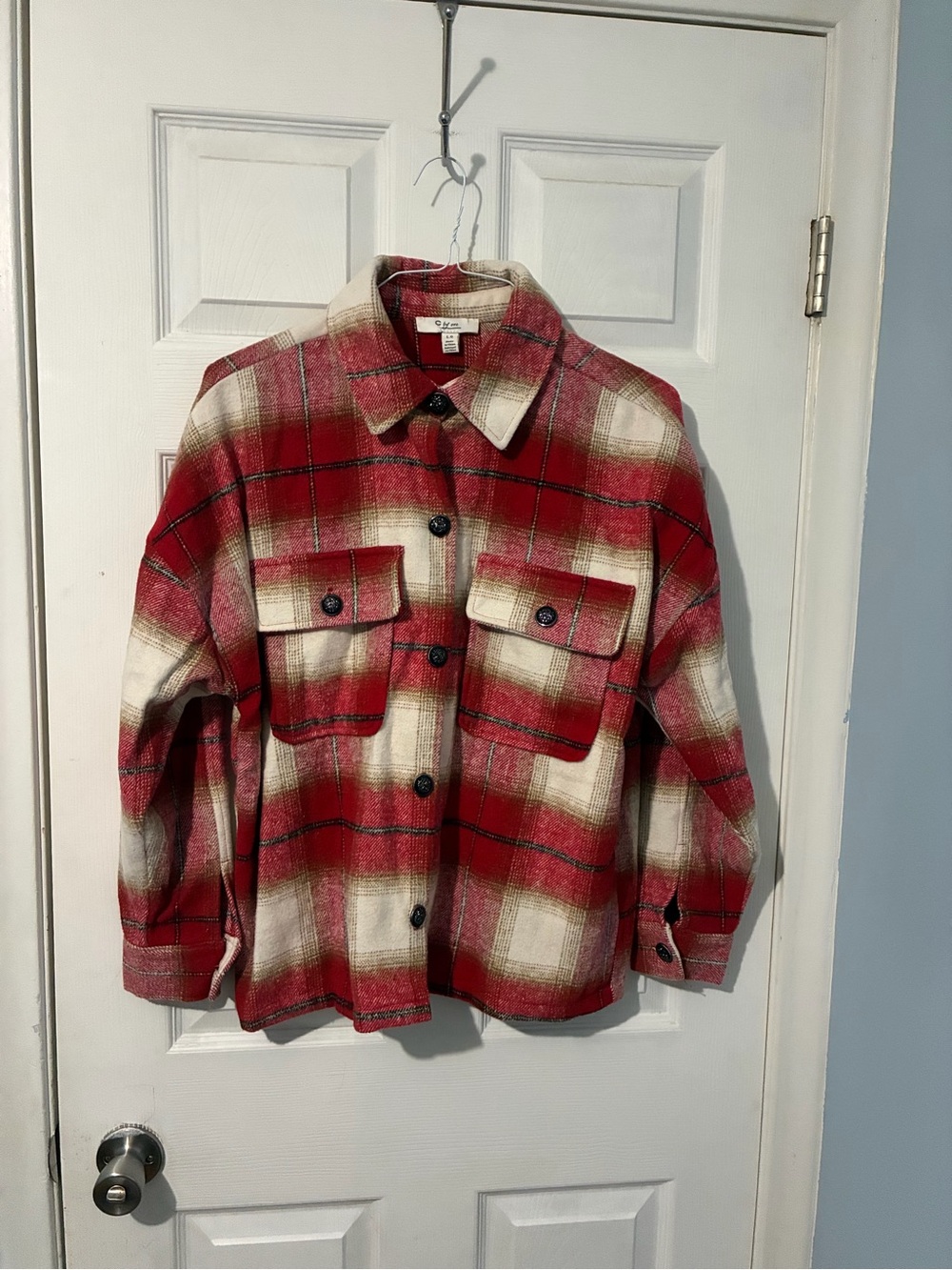 Red and Cream Plaid Utility Jacket with Chest Pockets